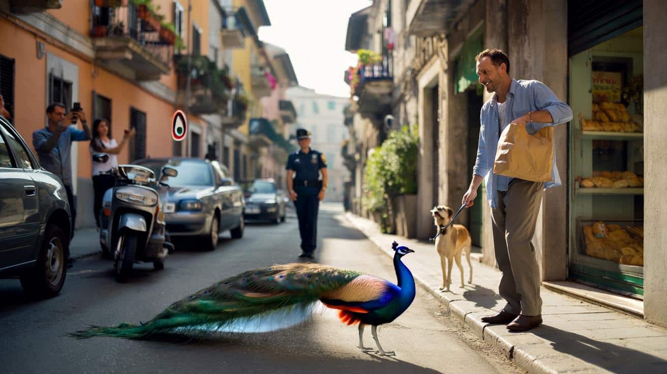 Esce di casa per prendere il pane, si ritrova davanti un pavone che blocca tutta la via
