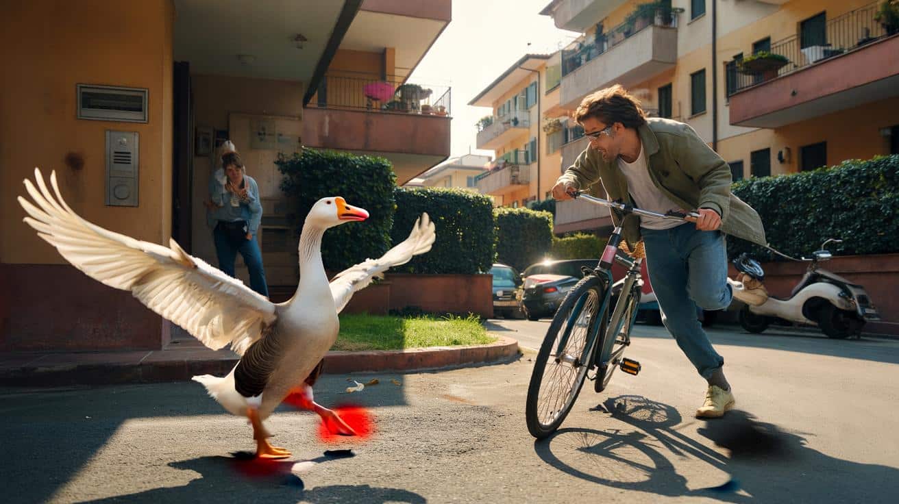 Scende in cortile per controllare la bici, trova un’oca aggressiva che lo rincorre per tutto il condominio