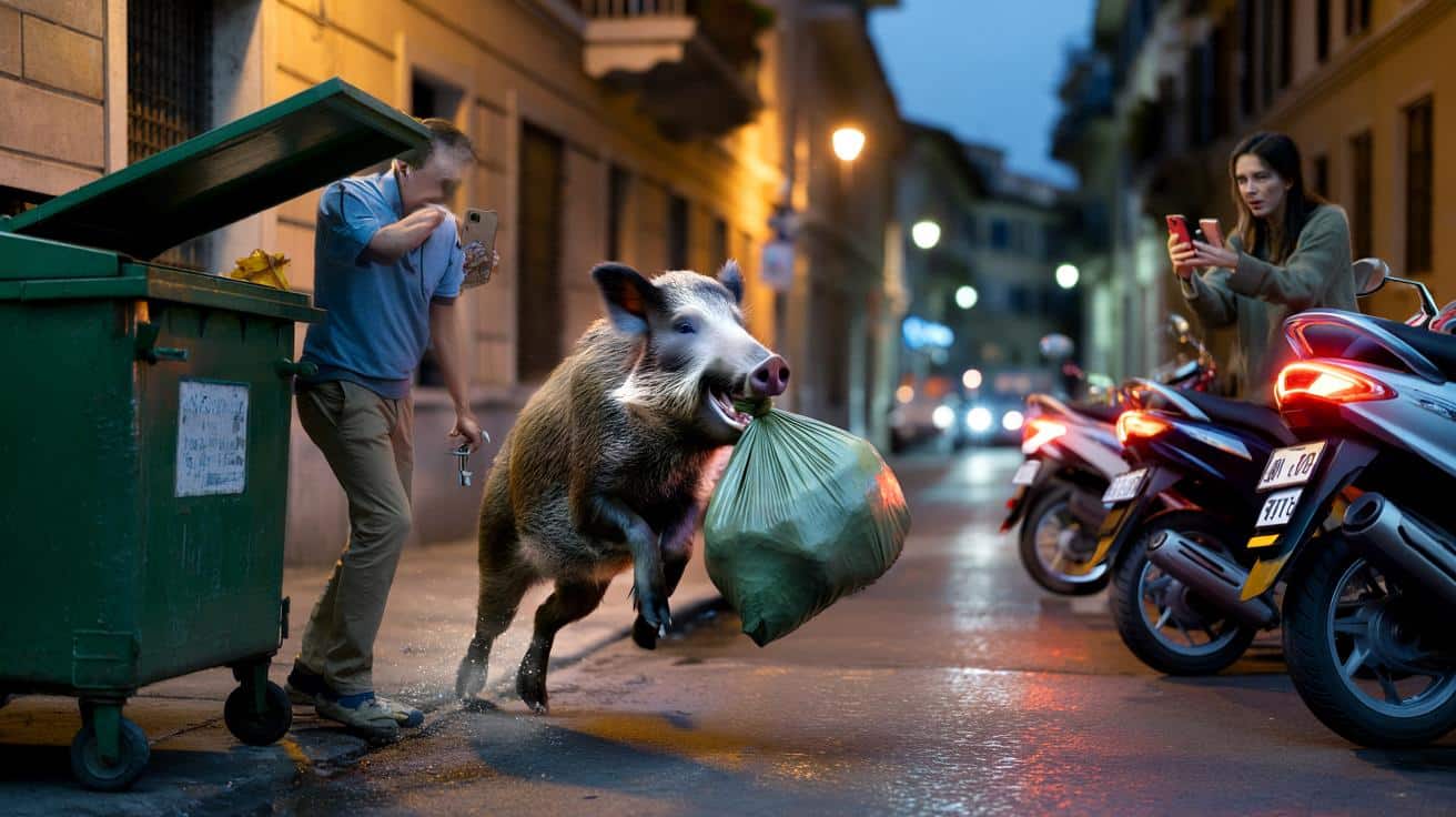 Va a buttare la spazzatura, trova un cinghiale nel cassonetto che gli ruba il sacchetto e scappa